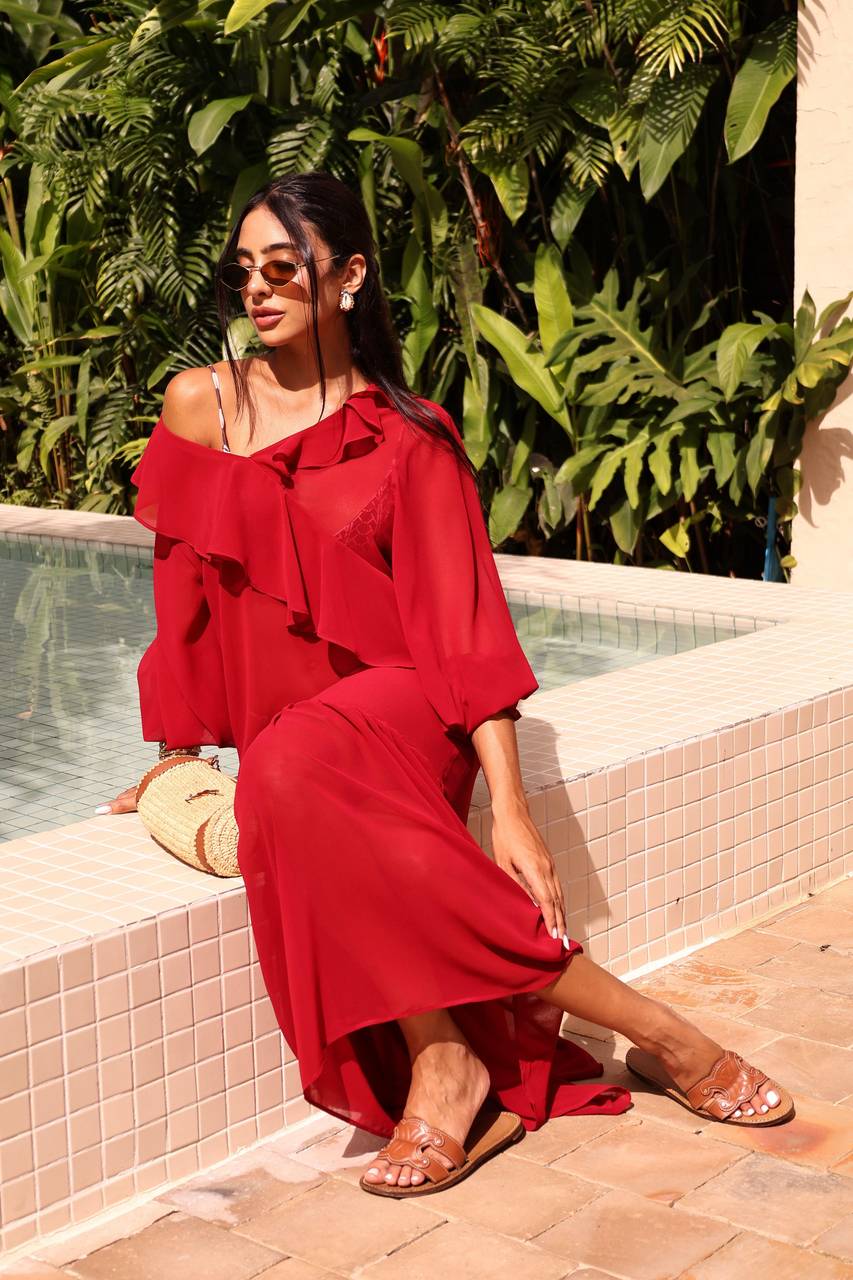 Vestido Chifon Boho Maxi Midi - Vinho VES0001VIN