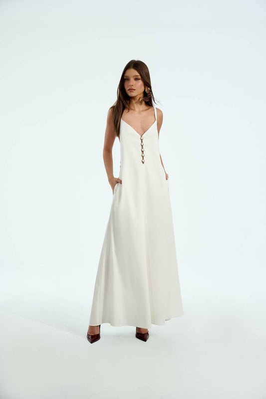 Vestido Longuete Alça Com Transparência Metal - Off White ves0017