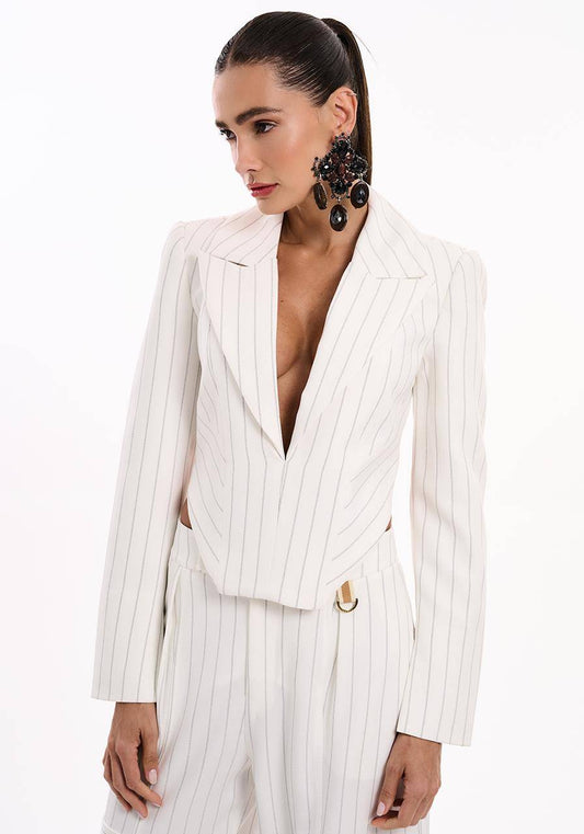 Blazer Decote Costas Riscas De Giz - Off White