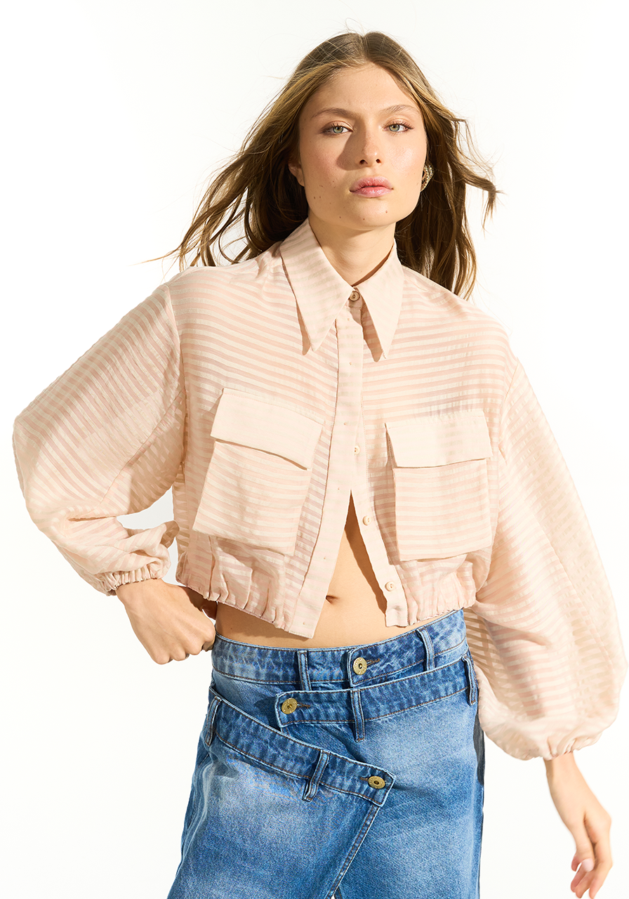 Camisa Bomber Listras - Bege / Rosê CAM0055BE/RO