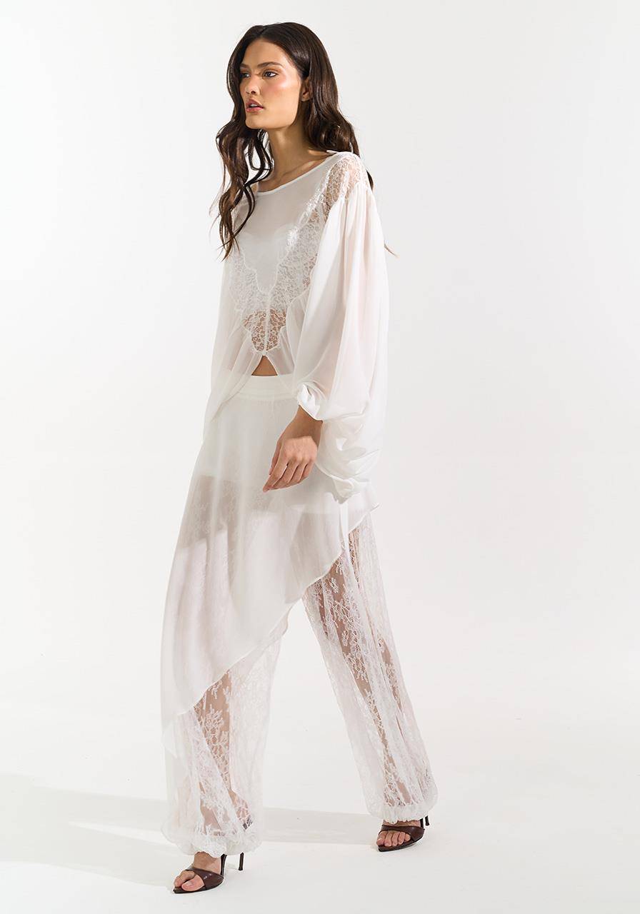 Calça Sobreposição Com Renda - Off White CAL0210OFF