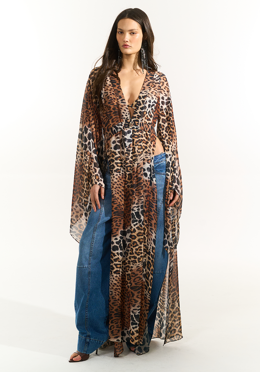 Vestido Kaftan Fluido Estampado - Brown Leopard VES0112BROWL
