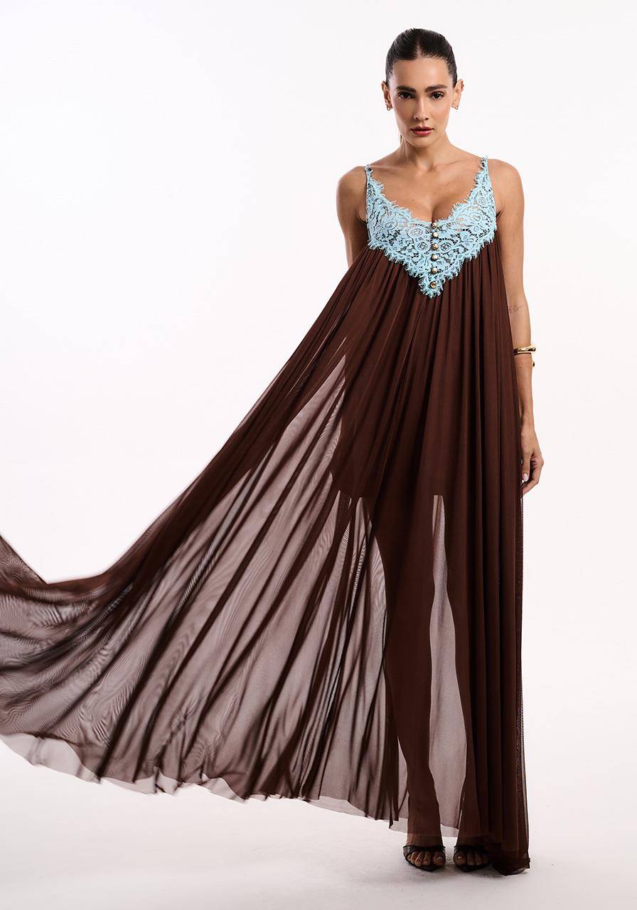 Vestido Tule Detalhe Renda - Marrom VES2190MRO