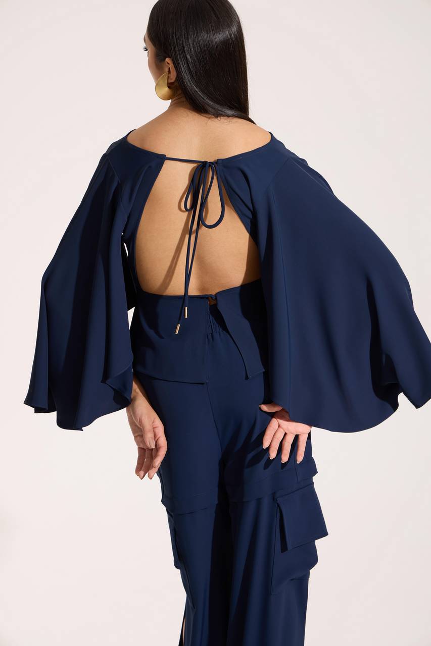 Blusa Com Basque Na Cintura Amarração Costas - Marinho BLU0082MAR