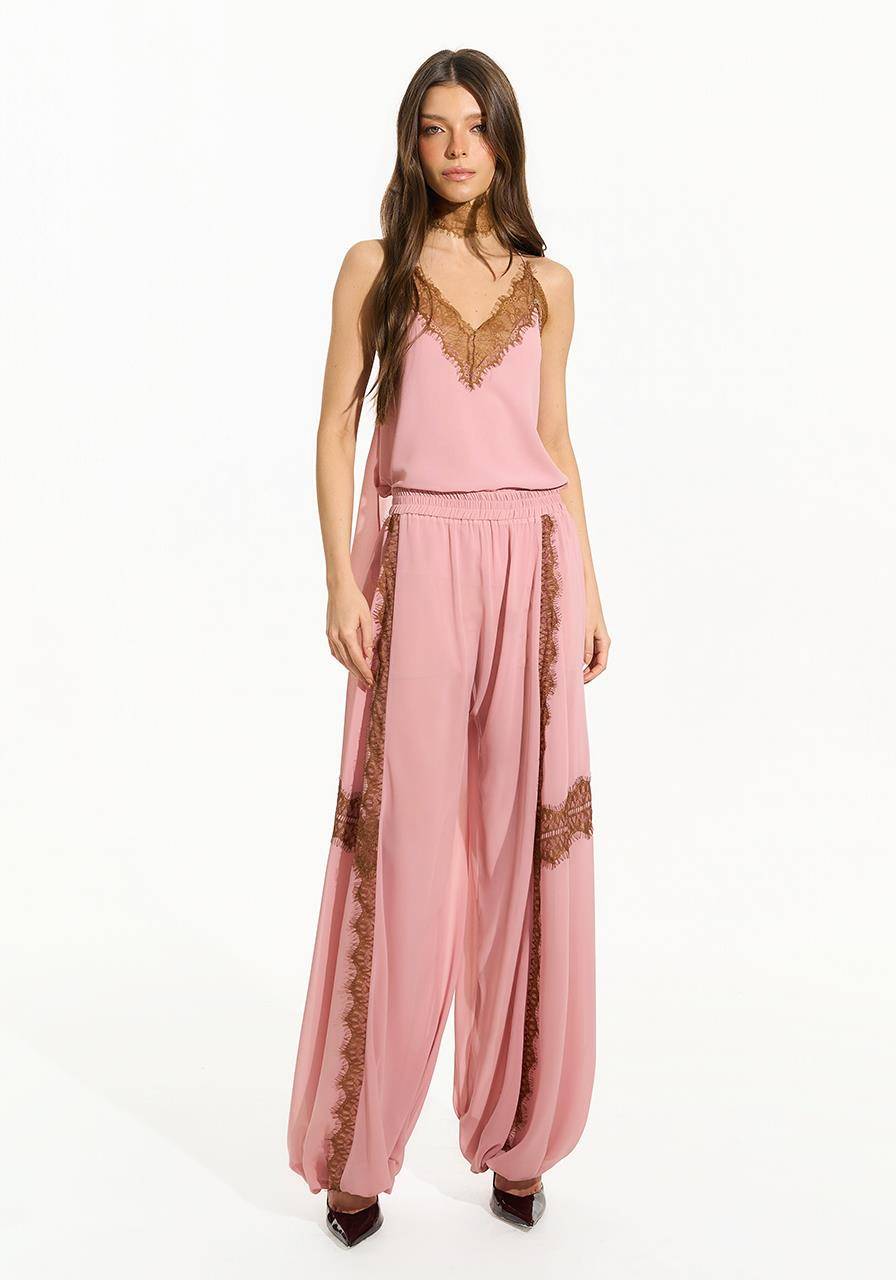 Calça Cós Elástico Com Renda - Rose CAL0209RS