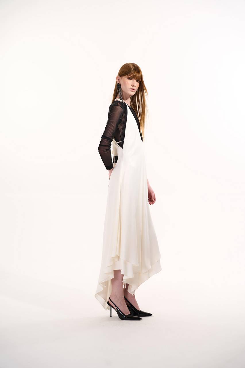 Vestido Decote V Longuete Detalhe Renda - Off White VES0128OFF