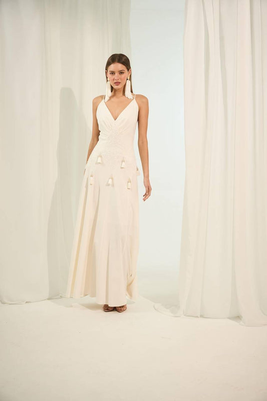 Vestido Longo Aplicação Cintura - Off White VES2003OFF