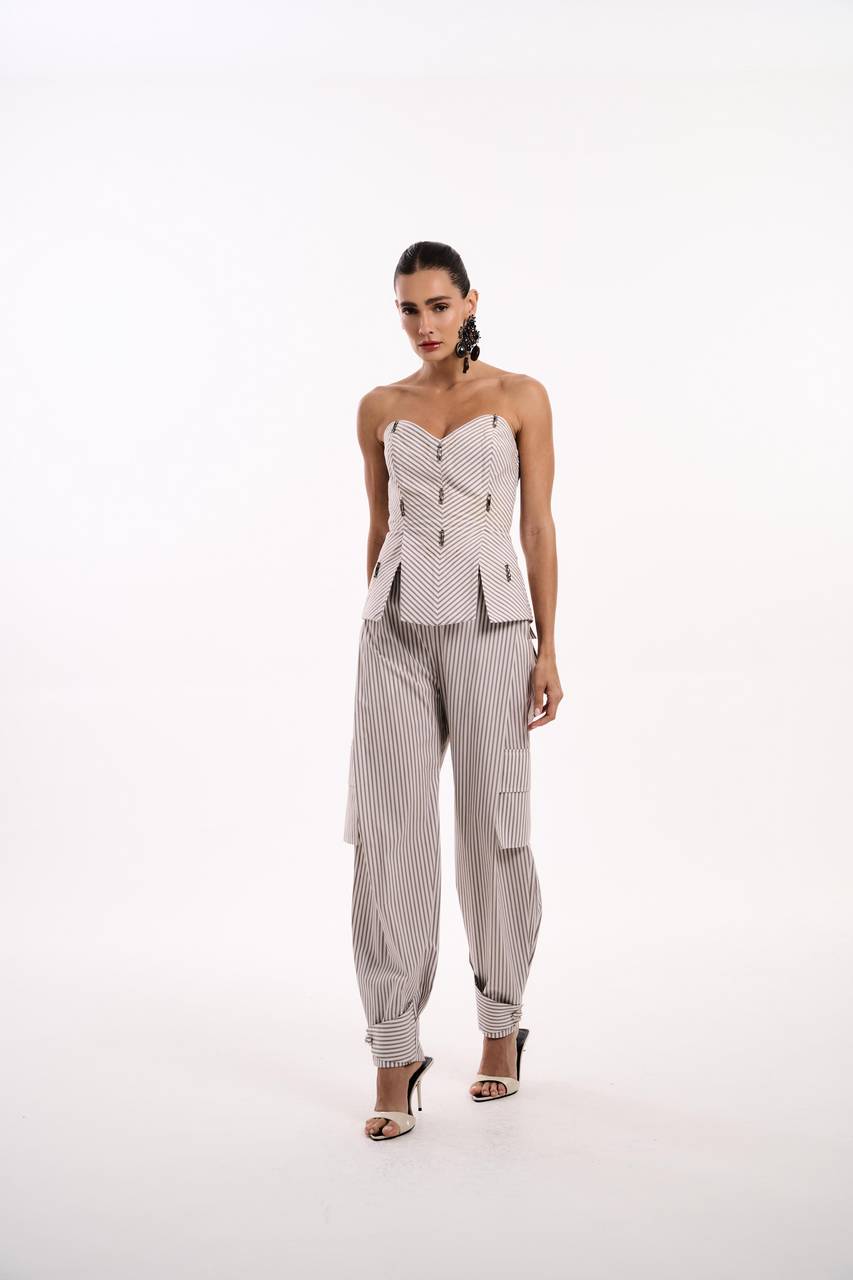 Calça Slouchy Prega Frente Algodão Listrado - Off/cacau CAL2118-OFF/CACAU