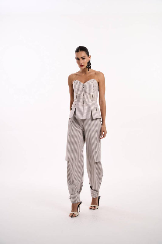 Calça Slouchy Prega Frente Algodão Listrado - Off/cacau
