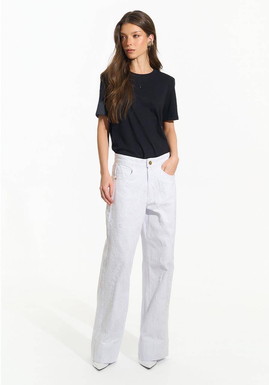 Calça Sarja Renda Recorte Lateral - Branco CAL0245BRA