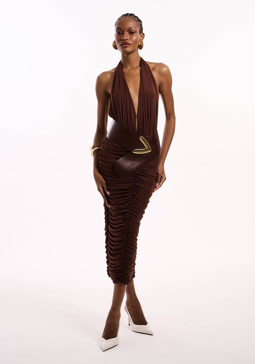 Vestido Midi Frente Única Saia Drapeada - Marrom VES2149MRO