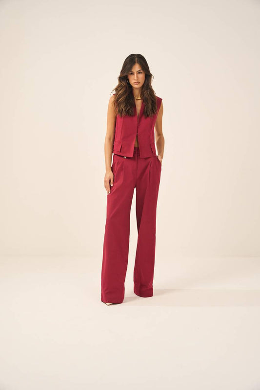 Conjunto Colete Cropped Com Calça Linho - Vinho CJT0009VIN