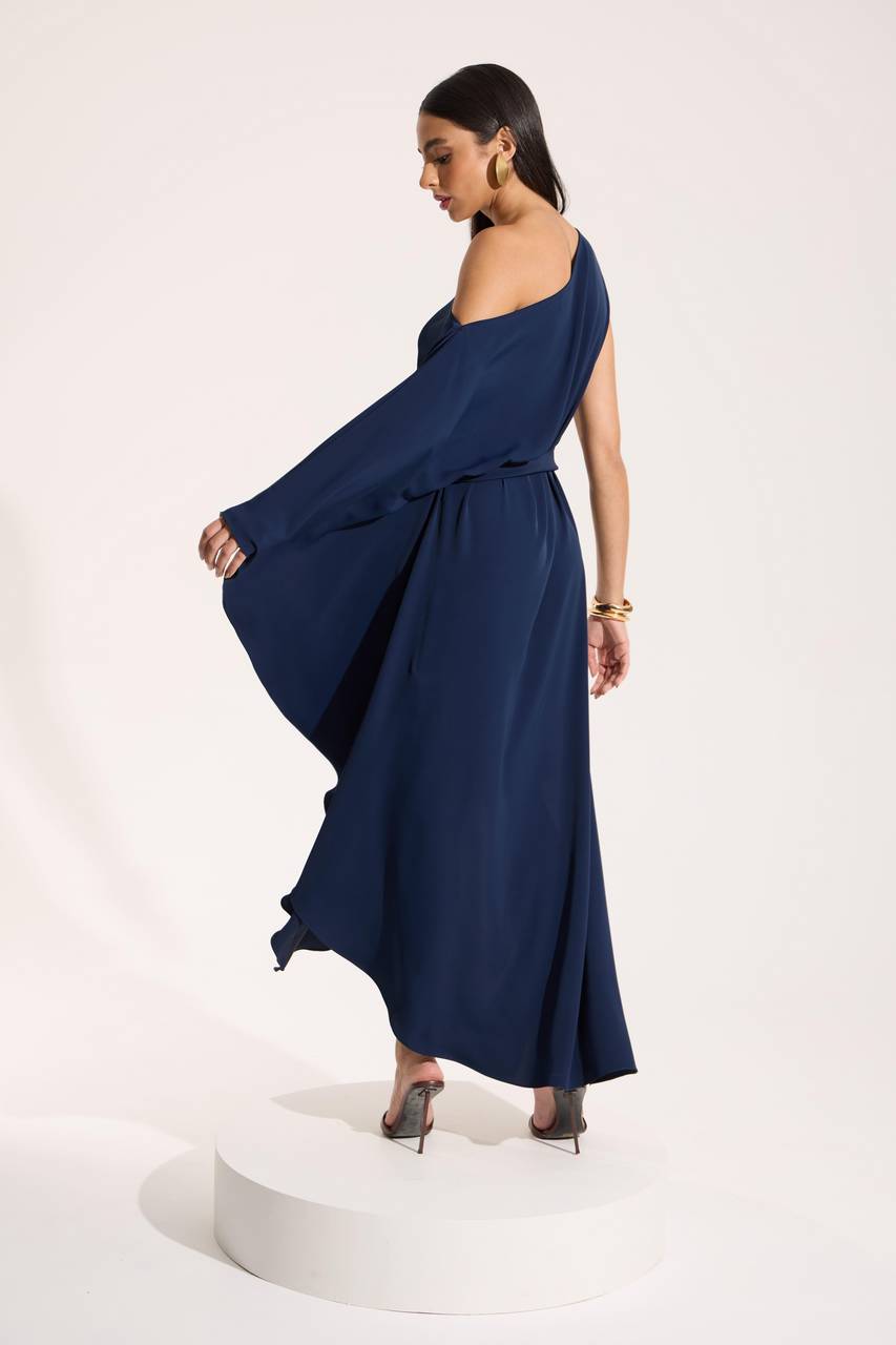 Vestido Maxi Midi Com Faixa Na Cintura - Marinho VES0071MAR