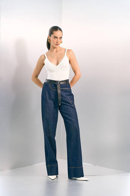 Calça Cós Invertido Aplicação Denim - Jeans Escuro CAL2102JEA