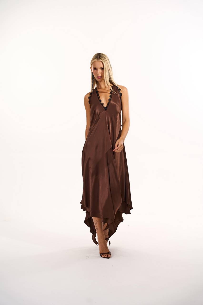 Vestido Decote V Longuete Detalhe Renda - Marrom VES0128MRO