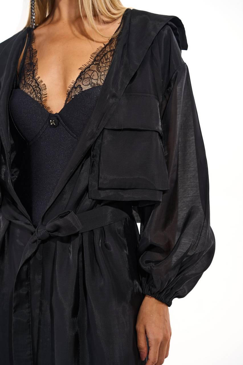 Casaco Trench Coat C/ Capuz Leve Transparência - Preto CAS0017PTO