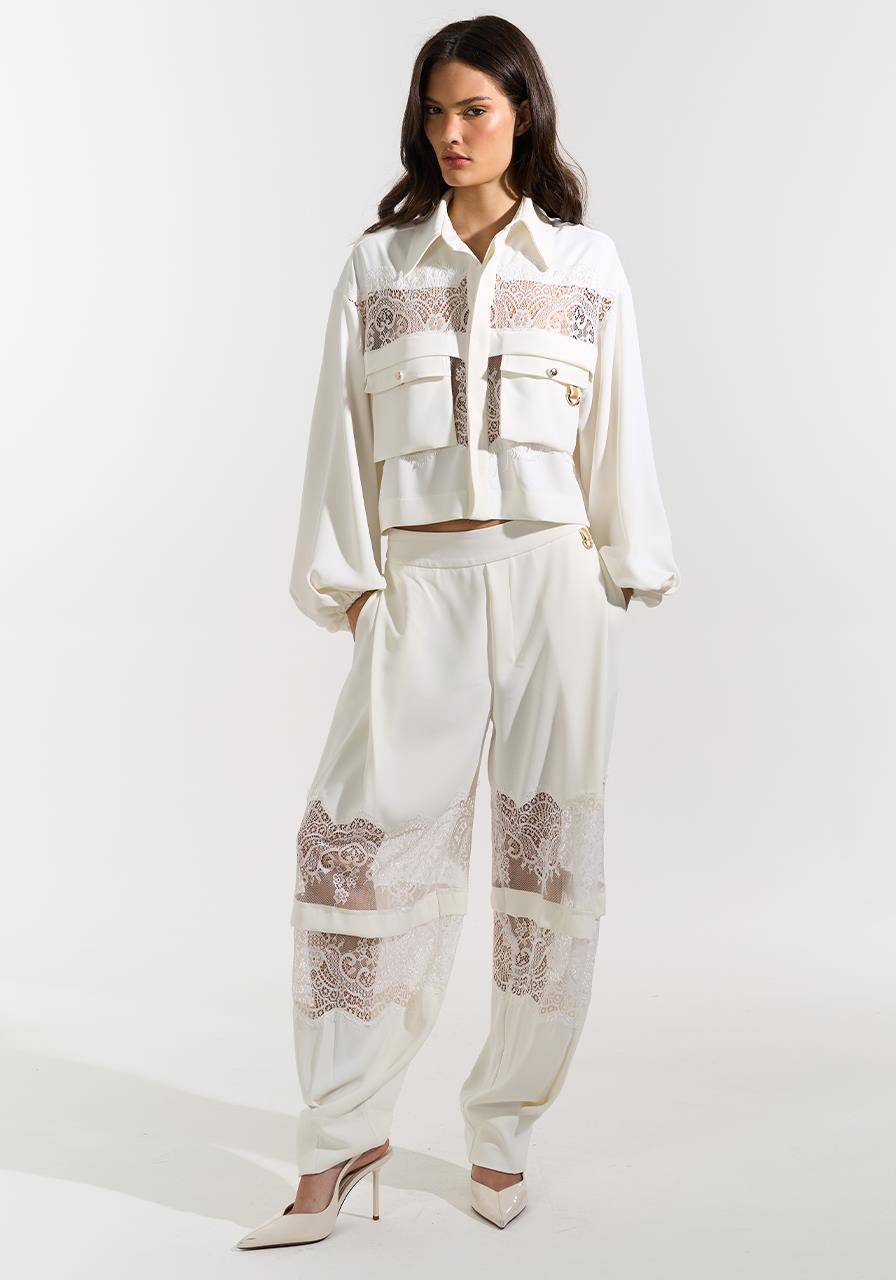 Camisa Manga Longa Com Renda - Off White CAM0056OFF