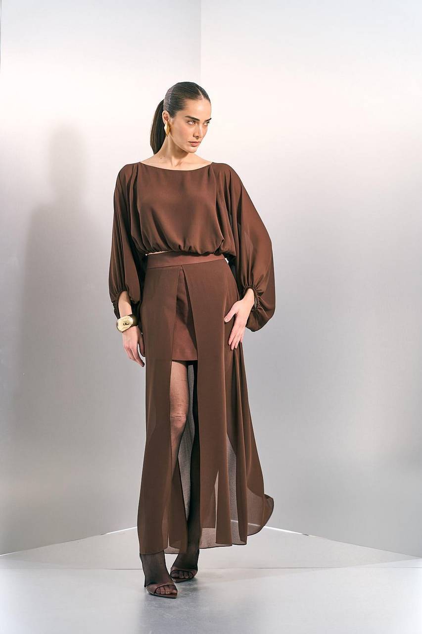 Saia Maxi Midi Com Sopreposição - Marrom