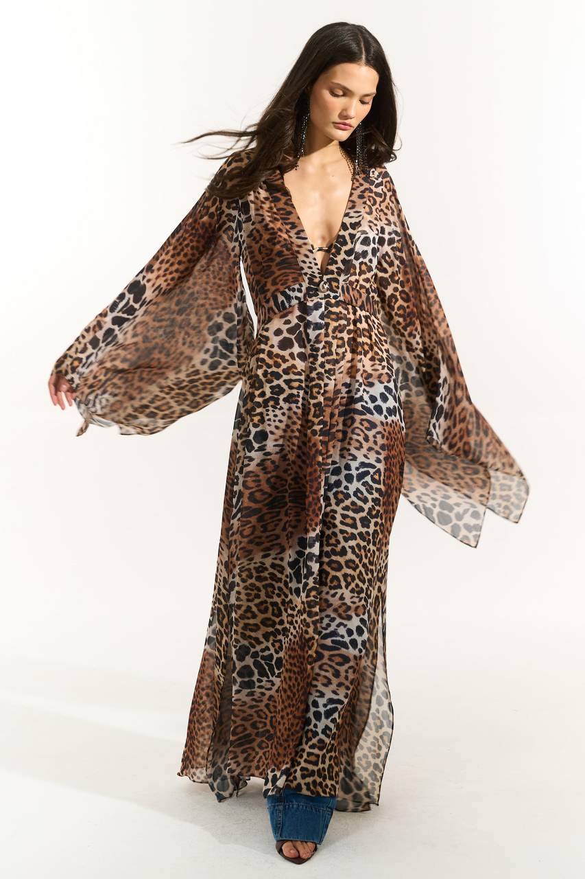 Vestido Kaftan Fluido Estampado - Brown Leopard VES0112BROWL