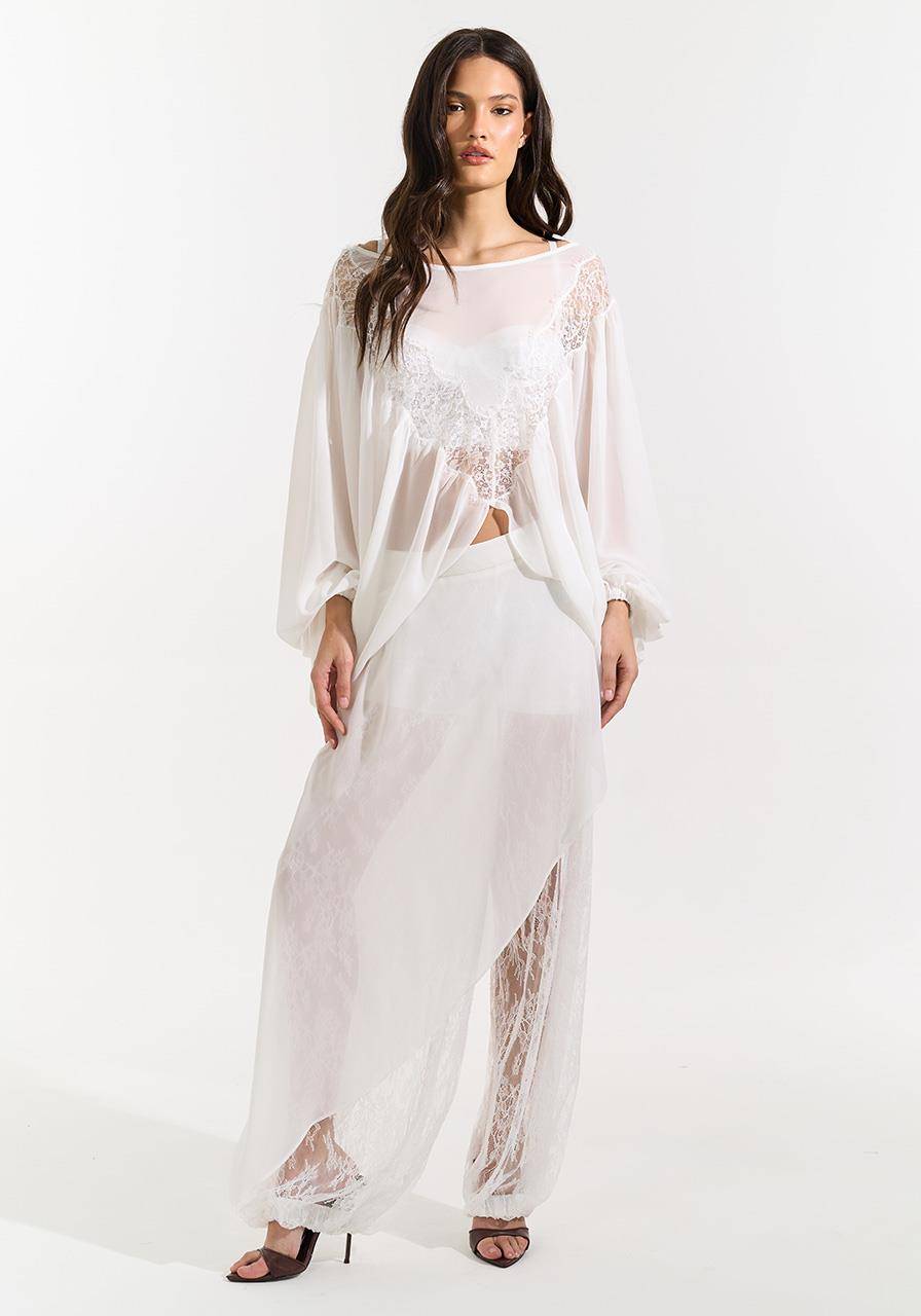 Calça Sobreposição Com Renda - Off White CAL0210OFF